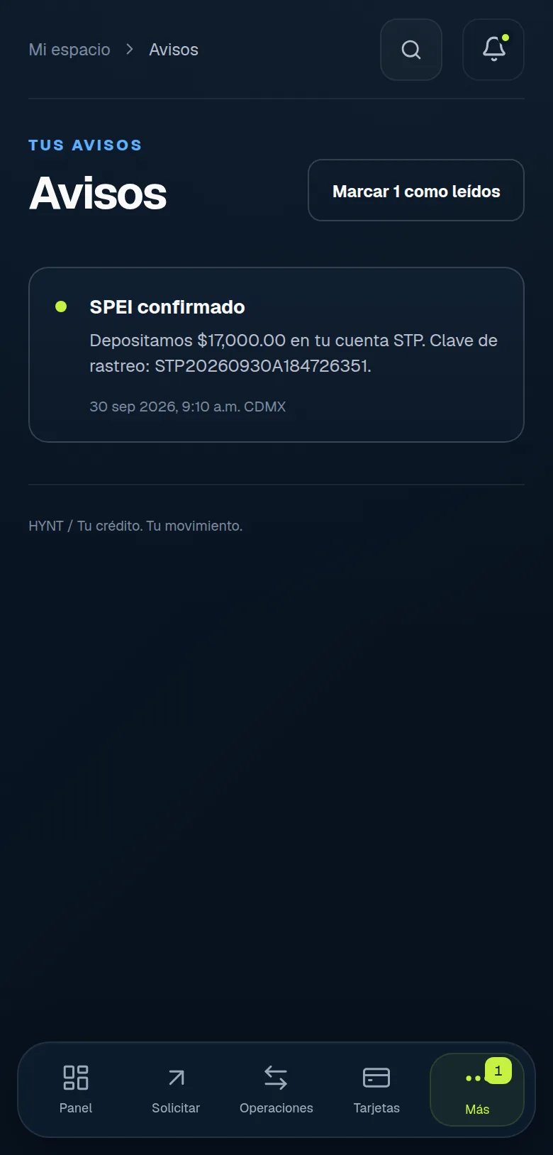 Bandeja de avisos de la aplicación