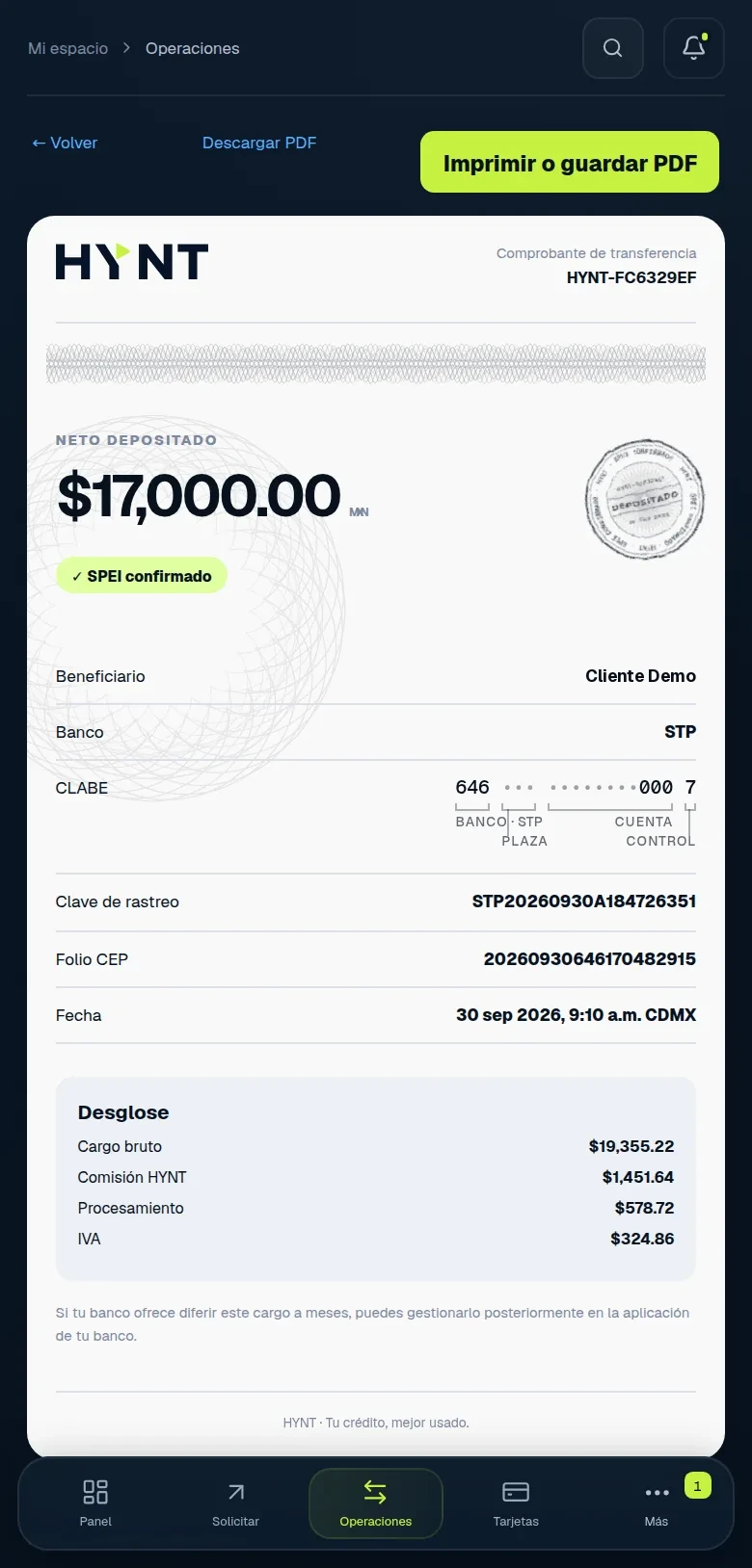 Comprobante de operación con clave de rastreo