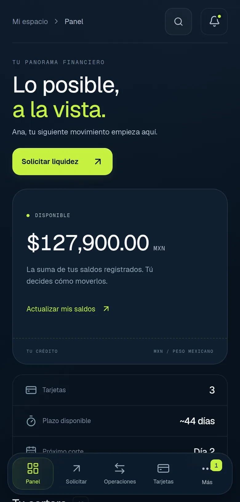 Panel de HYNT con el crédito disponible total y las tarjetas activas
