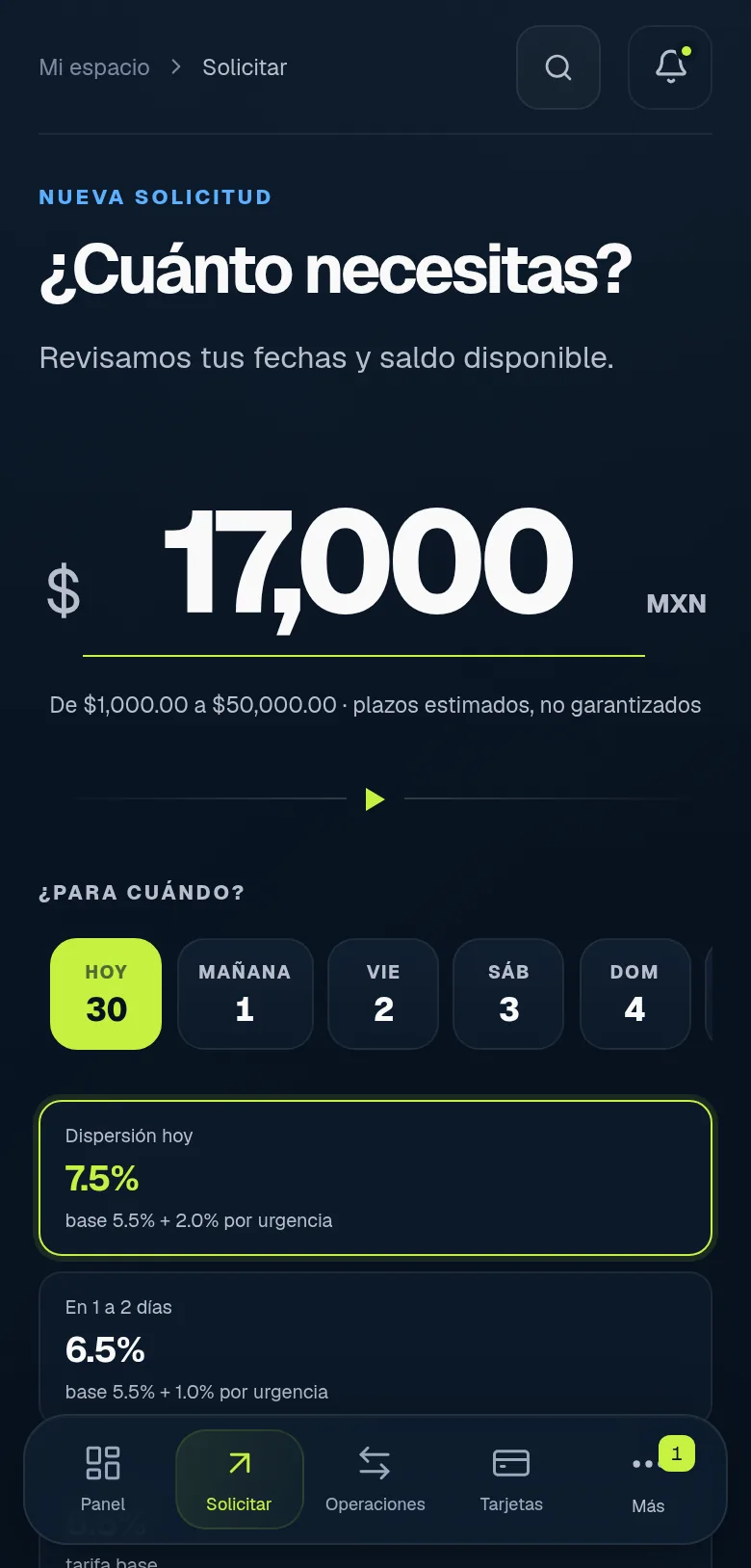 Pantalla de solicitud con monto y fecha